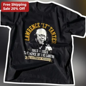 Lawrence Tanter The Voice Of The Lakers Tribute Graphic Tee available at our Los Angeles warehouse