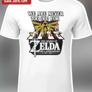 Legend of Zelda 40th Anniversary Tee We Are Never Too Old Link Evolution Shirt available at our Los Angeles warehouse