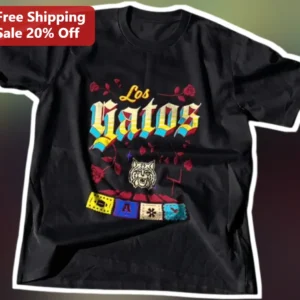 Los Gatos Tee Chicano Gothic Bobcat Rose Graphic T-Shirt for Cat Lovers available at our Los Angeles warehouse