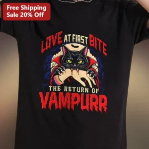 Love At First Bite Vampurr Graphic Tee Halloween Vampire Cat Horror Comedy Movie Merch available at our Los Angeles warehouse