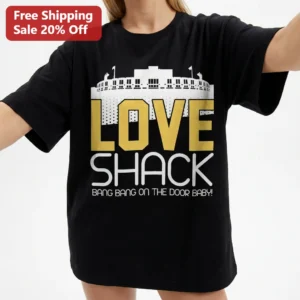 Love Shack Bang Bang On The Door Baby Tee The B-52's Vintage 80s Music Graphic Shirt available at our Los Angeles warehouse