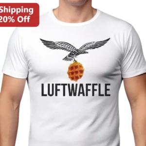 Luftwaffle Funny Aviation Pun Tee Winged Eagle Waffle Graphic Shirt for Men available at our Los Angeles warehouse