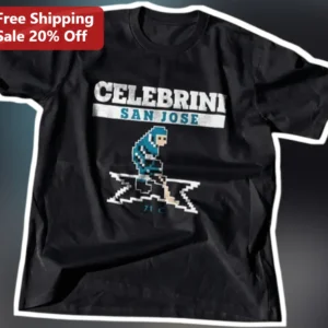 Macklin Celebrini San Jose Retro 8-Bit Pixel Art Hockey Player Tee available at our Los Angeles warehouse