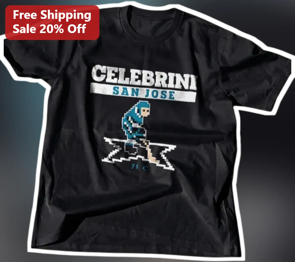 Macklin Celebrini San Jose Retro 8-Bit Pixel Art Hockey Player Tee available at our Los Angeles warehouse