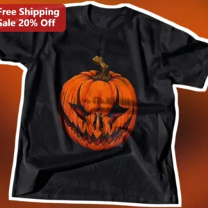 Menacing Jack O Lantern Halloween Tee Scary Pumpkin Graphic Shirt for Horror Fans available at our Los Angeles warehouse