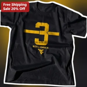 Michael Hawkins Jr. WVU Football Number 3 Distressed Gold Graphic Tee available at our Los Angeles warehouse