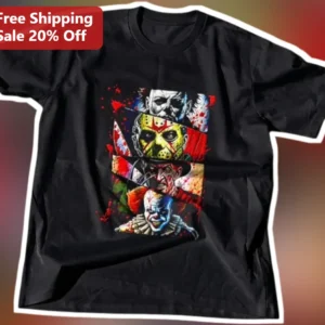 Michael Myers Jason Voorhees Freddy Krueger Pennywise Horror Villains Graphic Tee available at our Los Angeles warehouse