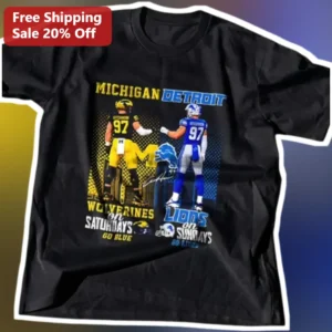 Michigan Wolverines On Saturdays Detroit Lions On Sundays Go Blue Go Lions Tee available at our Los Angeles warehouse