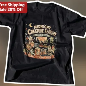 Midnight Creature Feature Drive-In Theatre Universal Monsters Vintage Horror Graphic Tee available at our Los Angeles warehouse