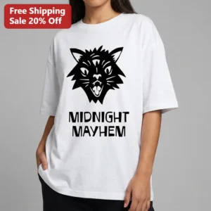 Midnight Mayhem Spooky Black Cat Tee, Retro Halloween Graphic Shirt Gift for Cat Lovers available at our Los Angeles warehouse