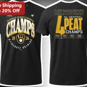 Milwaukee Brewers NL Central Champs 2026 Tee National League Central 4 Peat Champions Shirt available at our Los Angeles warehouse