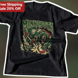 Minnesota Vintage Skeleton Hockey Player vs Grizzly Bear Graphic Tee available at our Los Angeles warehouse