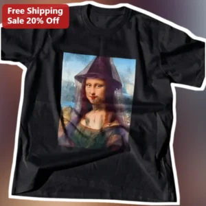 Mona Lisa Witch Hat Tee Halloween Art Parody Shirt for Women available at our Los Angeles warehouse