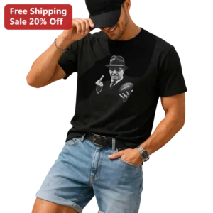 Monochrome Gangster Football Portrait Tee Vintage Noir Mafia Style Graphic Shirt for Men available at our Los Angeles warehouse