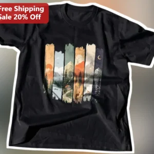 Mountain Landscape Strips Tee Nature Lover Hiking Camping Gift Black Cotton Shirt available at our Los Angeles warehouse