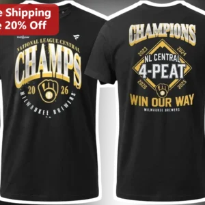 National League Central Champs Win Our Way NL Central 4-Peat Milwaukee Brewers Tee available at our Los Angeles warehouse