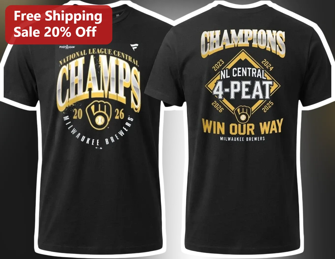 National League Central Champs Win Our Way NL Central 4-Peat Milwaukee Brewers Tee available at our Los Angeles warehouse