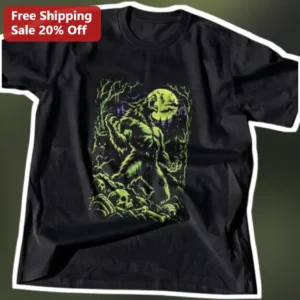 Neon Werewolf Howling at Moon Graphic Tee Gothic Horror Halloween Shirt for Men Women available at our Los Angeles warehouse