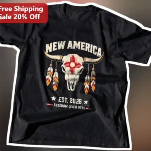 New America Est. 2026 Freedom Lives Here Patriotic Cow Skull Graphic Tee available at our Los Angeles warehouse