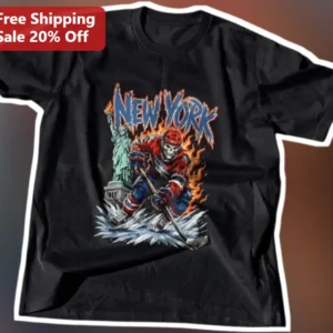 New York Hockey Skeleton Statue of Liberty Graphic Tee for Men Women available at our Los Angeles warehouse