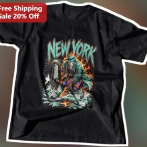 New York Vintage Hockey Player Graphic Tee Statue of Liberty Retro Sports Shirt for Men Women available at our Los Angeles warehouse
