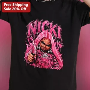 Nicki Minaj Horror Doll Graphic Tee Pink Hair Knife Design Streetwear Shirt available at our Los Angeles warehouse