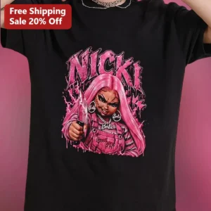 NICKI Tee Horror Doll Graphic Nicki Minaj Pink Hair Streetwear Shirt available at our Los Angeles warehouse