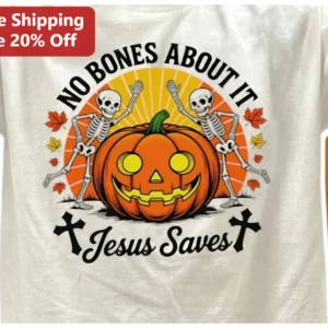 No Bones About It Jesus Saves Christian Halloween Skeleton Pumpkin Graphic Tee available at our Los Angeles warehouse