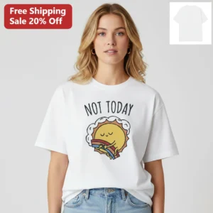 Not Today Sun Hugging Rainbow Tee, Funny Sarcastic Retro Cartoon Graphic Tee Gift For Women Men available at our Los Angeles warehouse