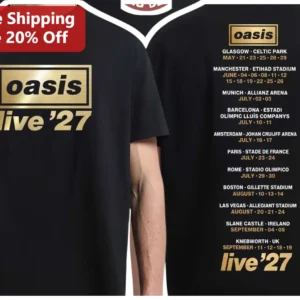 Oasis Live '27 Tee Britpop Reunion Tour Merch Gold Print Band Logo T-Shirt available at our Los Angeles warehouse