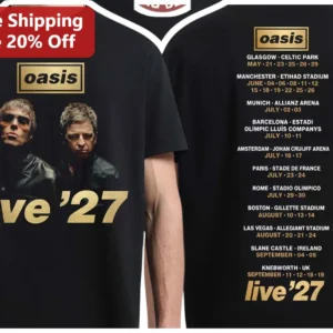 Oasis Live '27 Tour Graphic Tee for Men Women Music Fans available at our Los Angeles warehouse