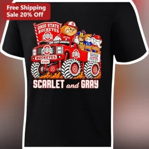 Ohio State Buckeyes Scarlet and Gray Brutus Buckeye Monster Truck Graphic Tee available at our Los Angeles warehouse