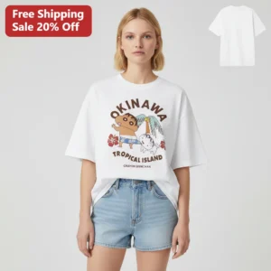Okinawa Tropical Island Crayon Shinchan Tee, Cute Anime Summer Vacation Gift for Japan Travel Fans available at our Los Angeles warehouse