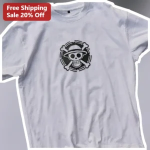 One Piece Straw Hat Pirates Jolly Roger Skull Graphic Tee for Anime Fans available at our Los Angeles warehouse