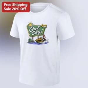 Owl City Retro Road Sign Jet Ski Tee, Vintage Synth-Pop Band Merch Graphic Shirt, Summer Music Fan G available at our Los Angeles warehouse