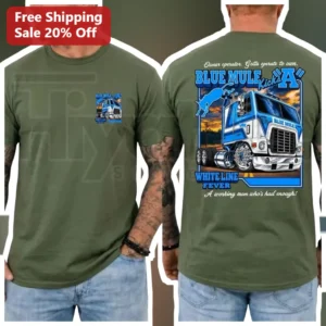 Owner Operator Gotta Operate to Own Blue Mule Kicks A White Line Fever Tee available at our Los Angeles warehouse