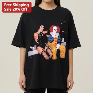 Pennywise IT Clown Retro 90s Graphic Tee Vintage Horror Movie Paparazzi Meme T-Shirt for Halloween G available at our Los Angeles warehouse