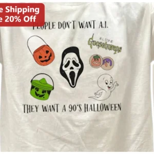 People Don't Want AI They Want A 90's Halloween Graphic Tee Retro Scream Mask Horror Shirt available at our Los Angeles warehouse