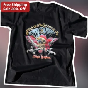 Pirates of the Caribbean Magic Kingdom Tee Vintage Skull and Crossbones Graphic Shirt for Disney Fan available at our Los Angeles warehouse