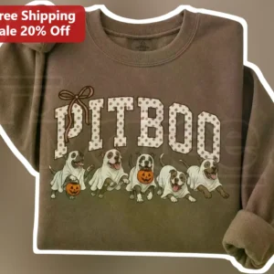 PITBOO Ghost Pitbulls Halloween Crewneck Sweatshirt Cute Spooky Dog Lover Gift available at our Los Angeles warehouse