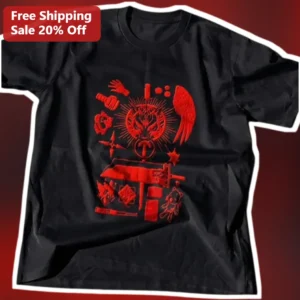 Red Demon Collage Graphic Tee Horror Punk Occult Distressed Print for Men Women available at our Los Angeles warehouse