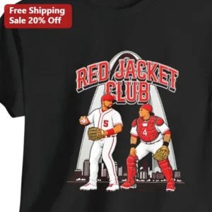 Red Jacket Club Vintage Baseball Pitcher Catcher Gateway Arch St. Louis Graphic Tee available at our Los Angeles warehouse