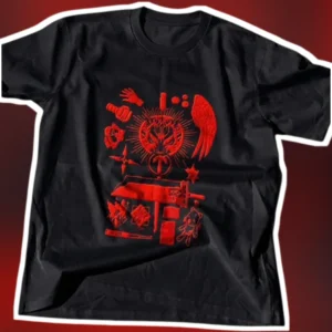 Red Occult Collage Graphic Tee Horror Punk Demon Face Gothic Streetwear Shirt available at our Los Angeles warehouse
