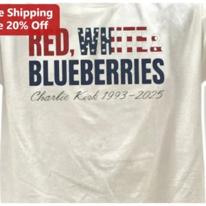 Red White Blueberries Charlie Kirk Memorial Graphic Tee Patriotic Pun Shirt available at our Los Angeles warehouse