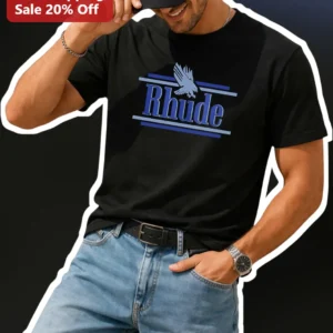 Rhude Tee Black Blue Logo Graphic T-Shirt Luxury Streetwear Men's Cotton Shirt available at our Los Angeles warehouse