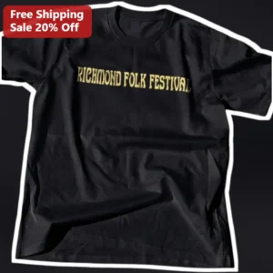 Richmond Folk Festival Vintage Distressed Gold Text Tee Black Cotton available at our Los Angeles warehouse