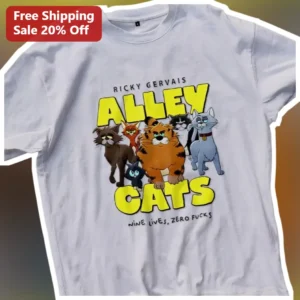 Ricky Gervais Alley Cats Nine Lives Zero Fucks Graphic Tee available at our Los Angeles warehouse