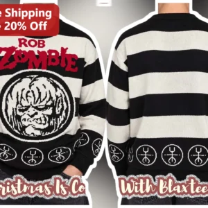 Rob Zombie Sweater Horror Band Merch Striped Crewneck Heavy Metal Apparel available at our Los Angeles warehouse