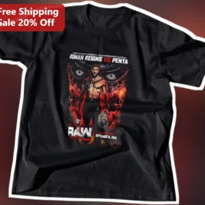 Roman Reigns Vs Penta World Heavyweight Championship Match Graphic Tee available at our Los Angeles warehouse