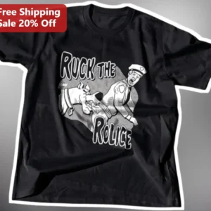 Ruck the Rolice Vintage Cartoon Dog Graphic Tee Funny Police Parody Shirt for Men Women available at our Los Angeles warehouse